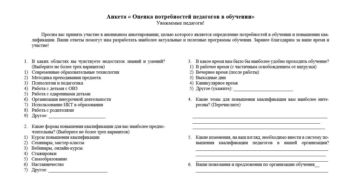 Анкета «Оценка потребностей педагогов в обучении»